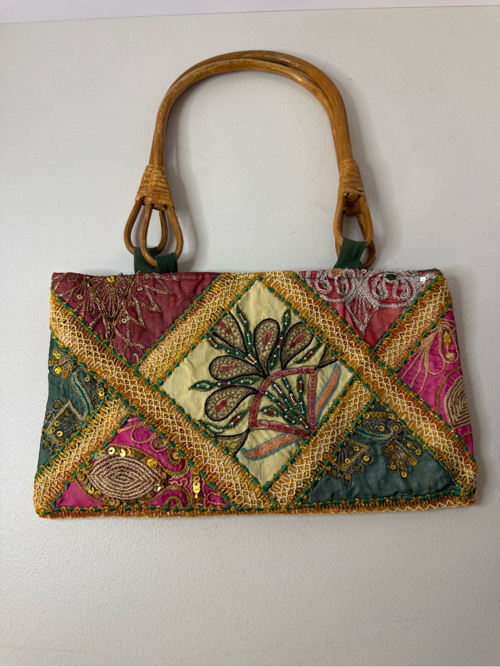 Vintage Indian Zari Patchwork Bamboo Handle Bag Boho
